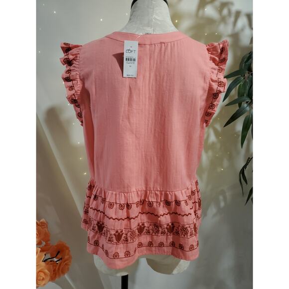 Loft NWT Womens Floral Embroidered Henley Button Peplum Shell Top Size M Pink - Picture 3 of 10